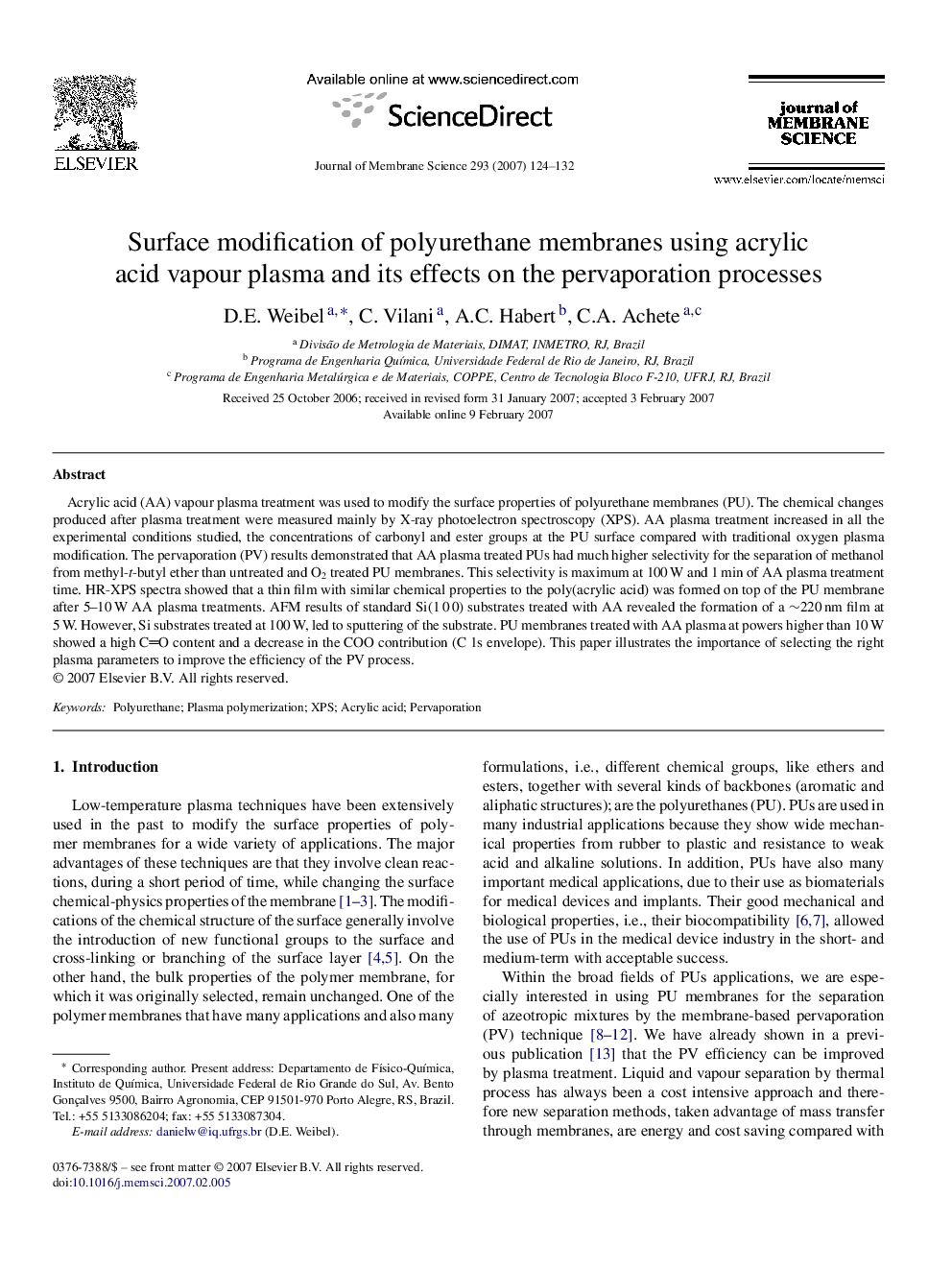 Surface modification of polyurethane membranes using acrylic acid vapour plasma and its effects on the pervaporation processes