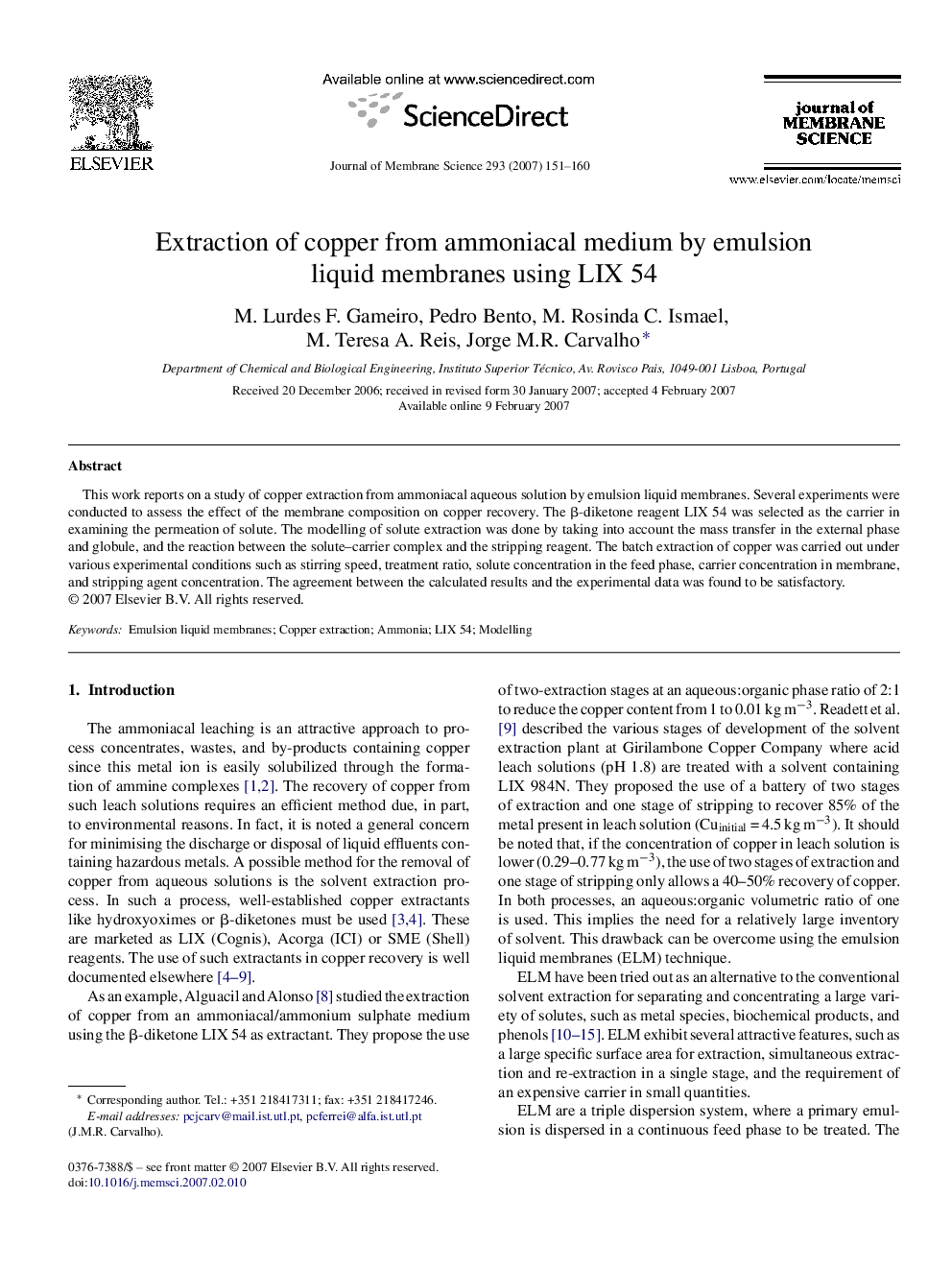 Extraction of copper from ammoniacal medium by emulsion liquid membranes using LIX 54