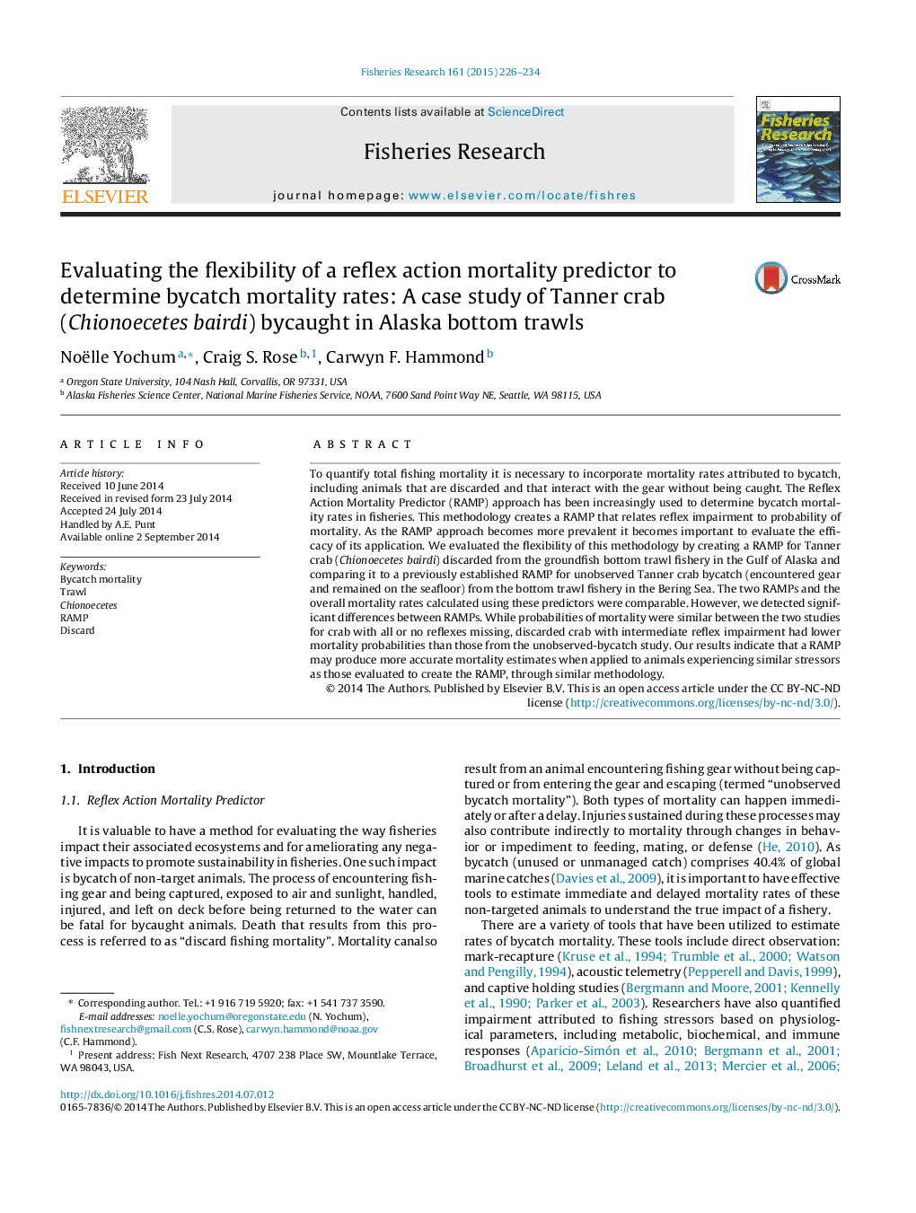 Evaluating the flexibility of a reflex action mortality predictor to determine bycatch mortality rates: A case study of Tanner crab (Chionoecetes bairdi) bycaught in Alaska bottom trawls