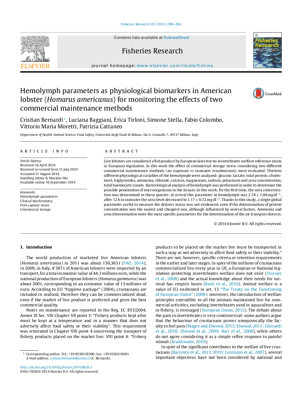 Hemolymph parameters as physiological biomarkers in American lobster (Homarus americanus) for monitoring the effects of two commercial maintenance methods