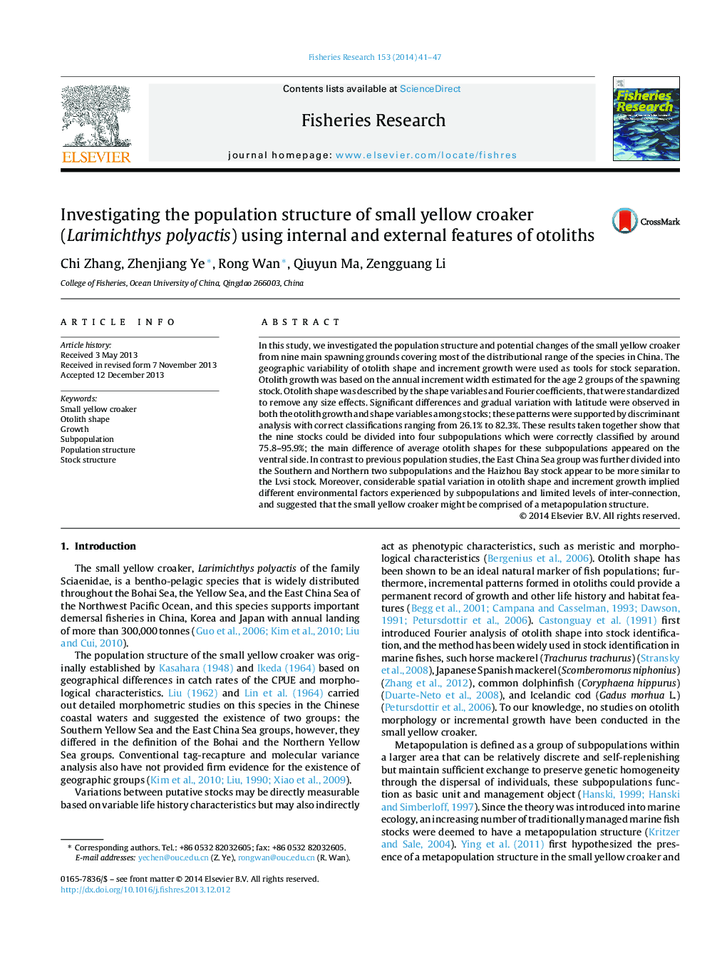 Investigating the population structure of small yellow croaker (Larimichthys polyactis) using internal and external features of otoliths