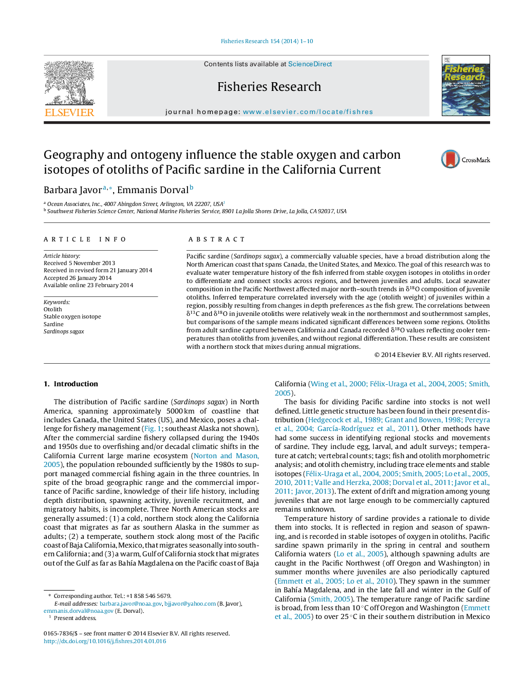 Geography and ontogeny influence the stable oxygen and carbon isotopes of otoliths of Pacific sardine in the California Current