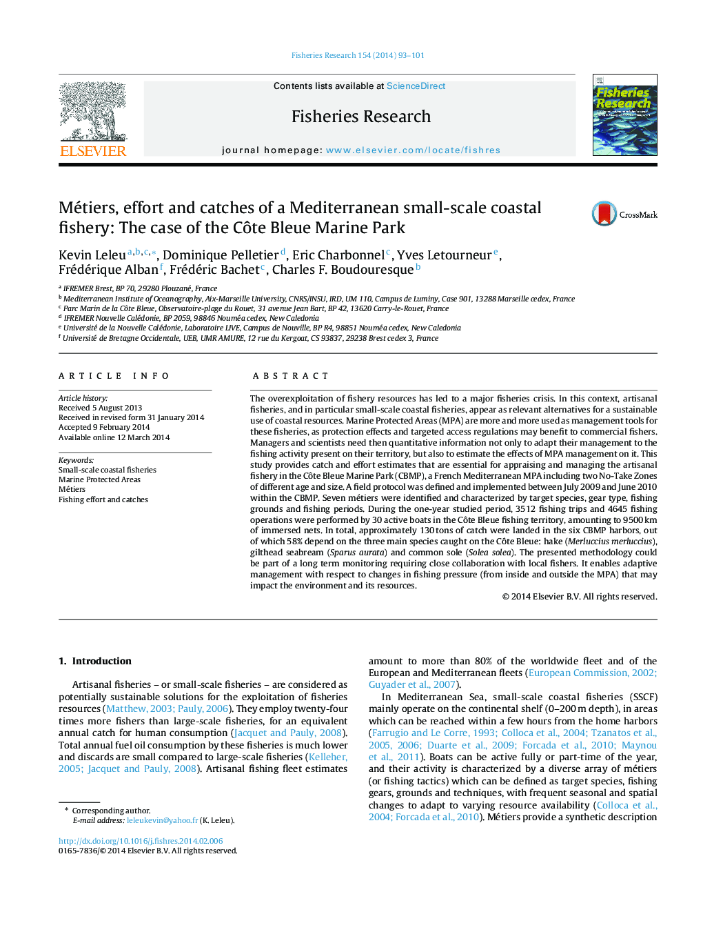 Métiers, effort and catches of a Mediterranean small-scale coastal fishery: The case of the CÃ´te Bleue Marine Park