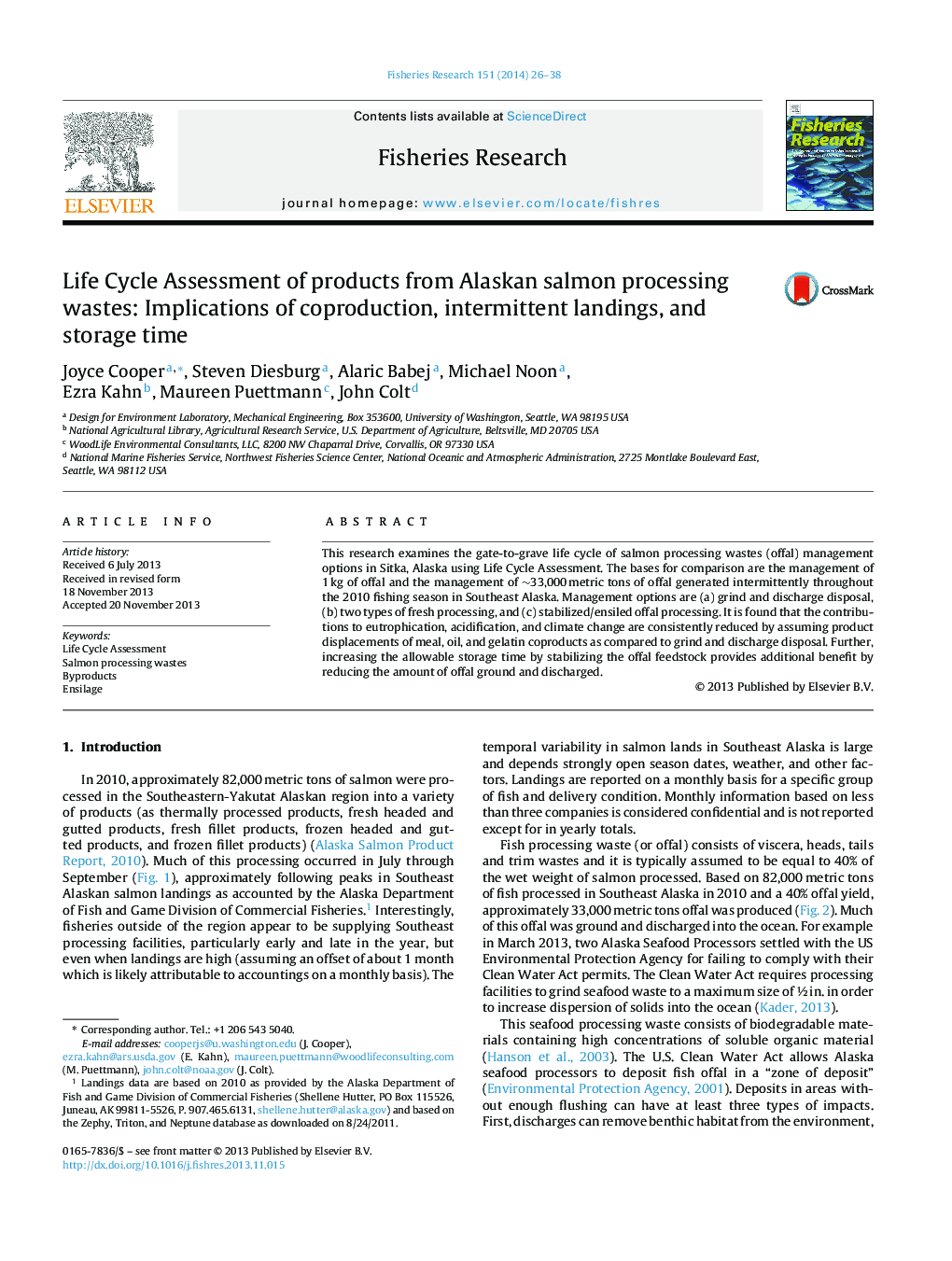 Life Cycle Assessment of products from Alaskan salmon processing wastes: Implications of coproduction, intermittent landings, and storage time