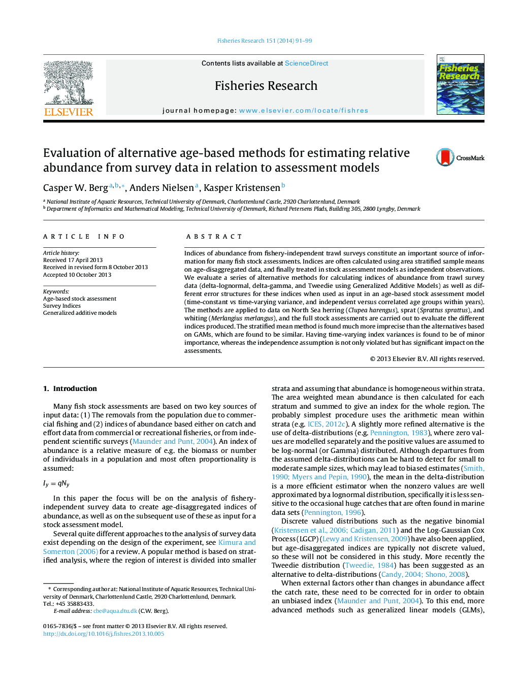 Evaluation of alternative age-based methods for estimating relative abundance from survey data in relation to assessment models