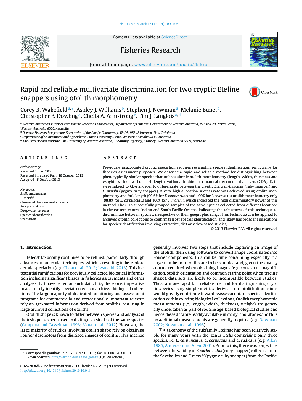 Rapid and reliable multivariate discrimination for two cryptic Eteline snappers using otolith morphometry