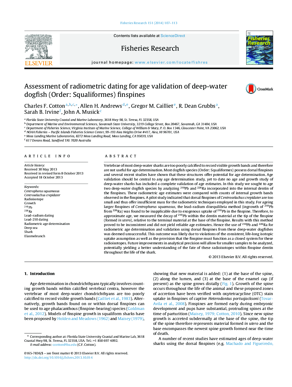 Assessment of radiometric dating for age validation of deep-water dogfish (Order: Squaliformes) finspines