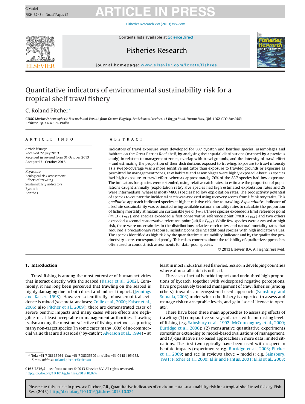 Quantitative indicators of environmental sustainability risk for a tropical shelf trawl fishery