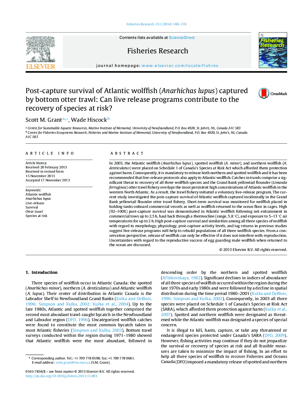 Post-capture survival of Atlantic wolffish (Anarhichas lupus) captured by bottom otter trawl: Can live release programs contribute to the recovery of species at risk?