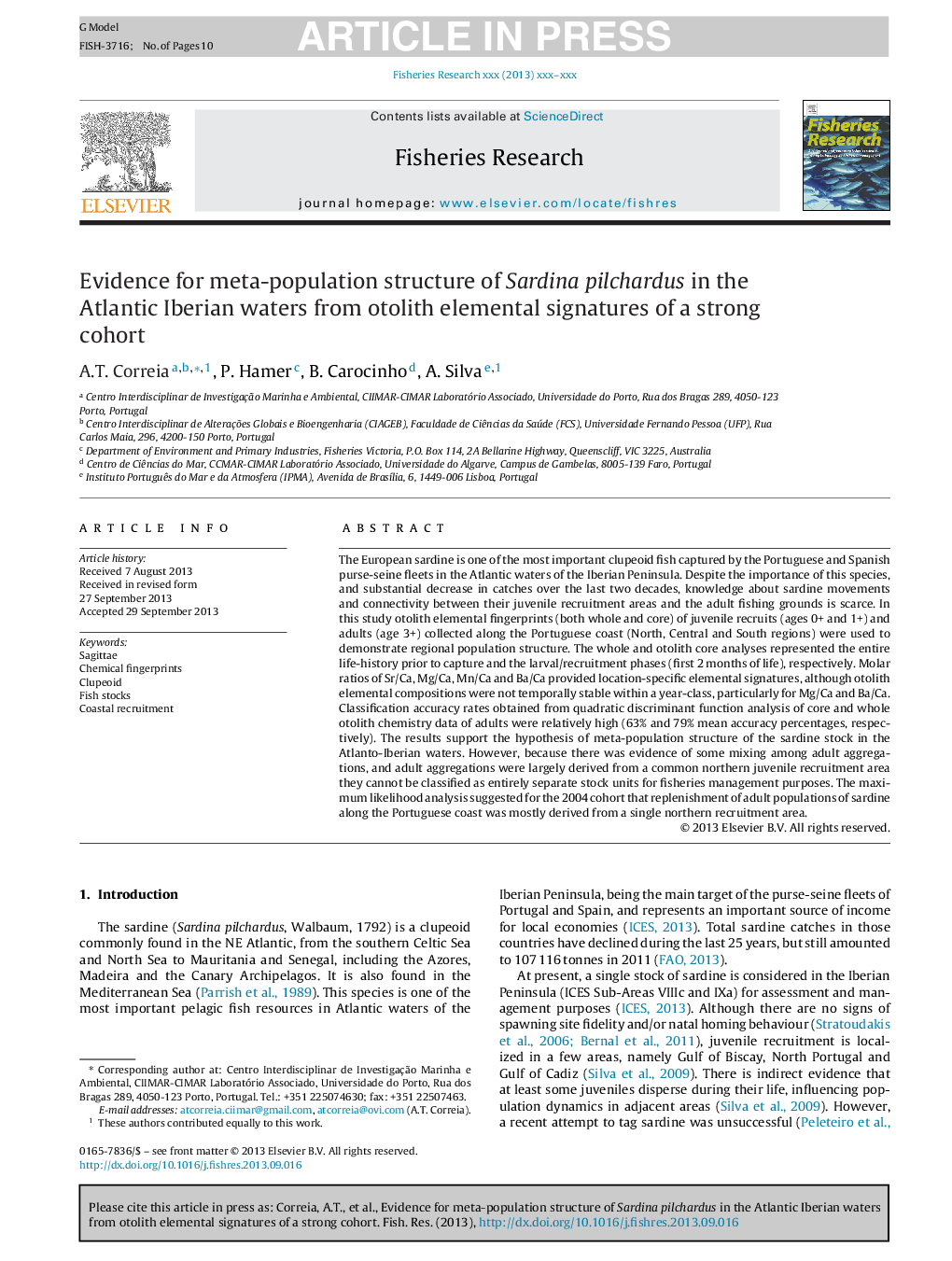 Evidence for meta-population structure of Sardina pilchardus in the Atlantic Iberian waters from otolith elemental signatures of a strong cohort