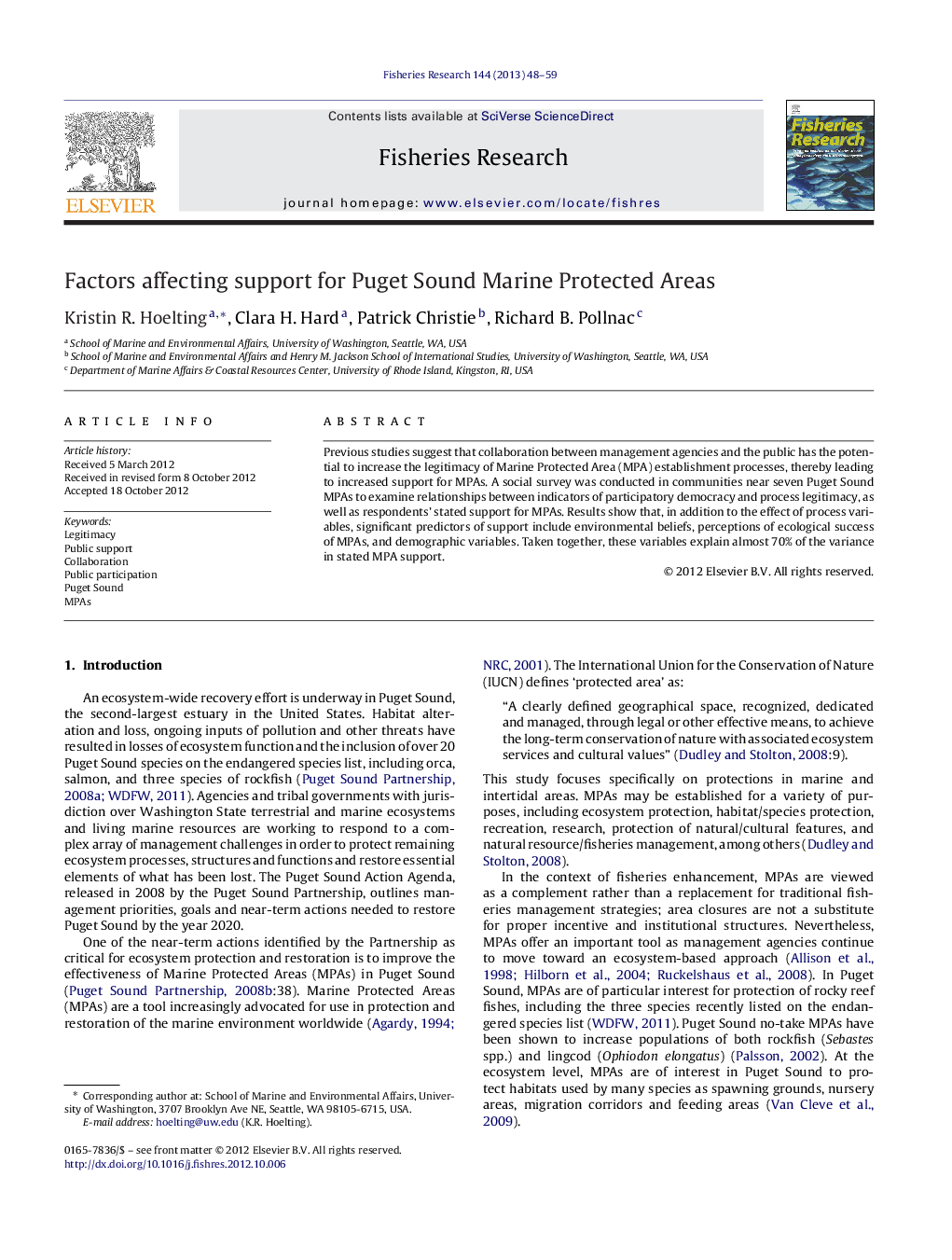 Factors affecting support for Puget Sound Marine Protected Areas