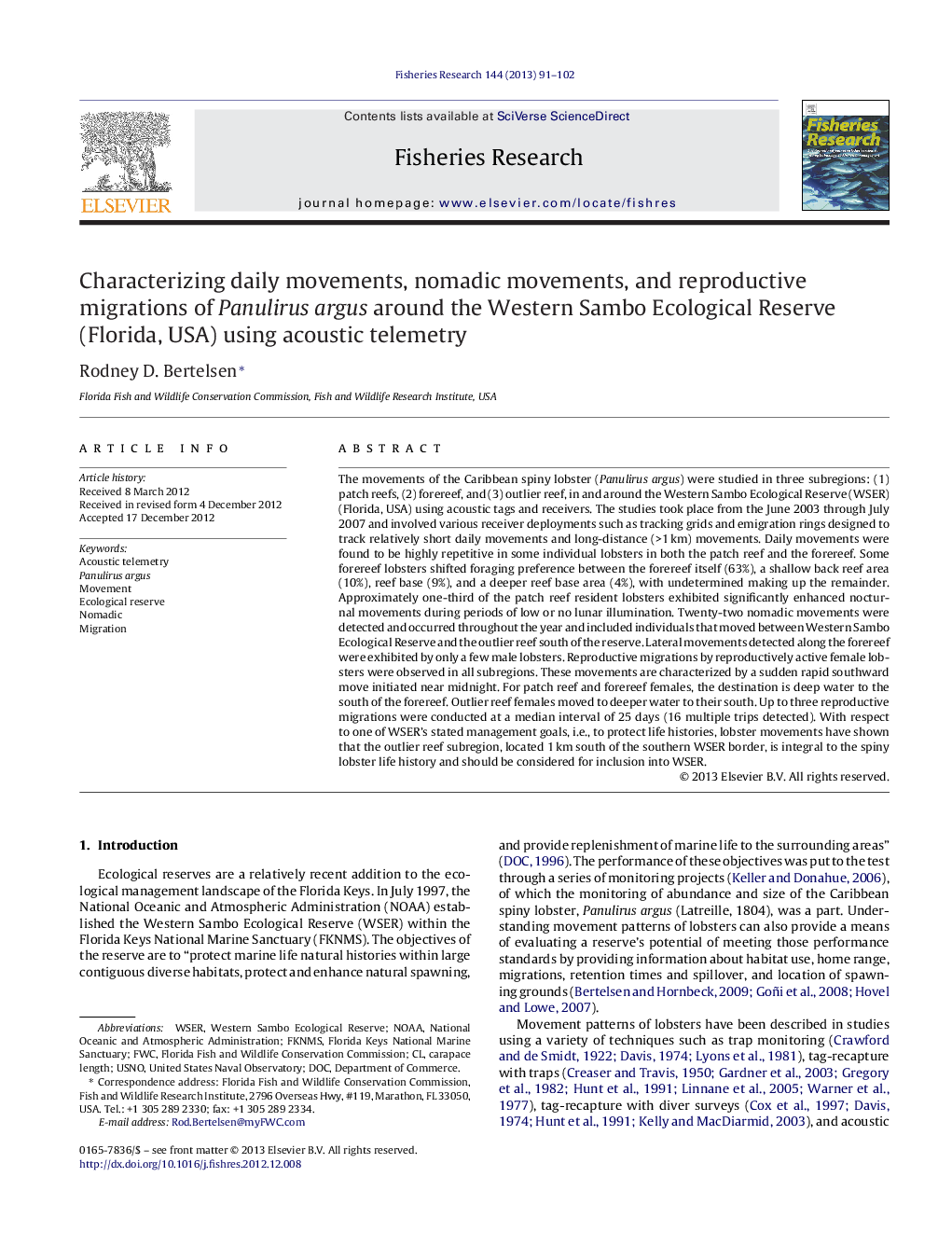 Characterizing daily movements, nomadic movements, and reproductive migrations of Panulirus argus around the Western Sambo Ecological Reserve (Florida, USA) using acoustic telemetry