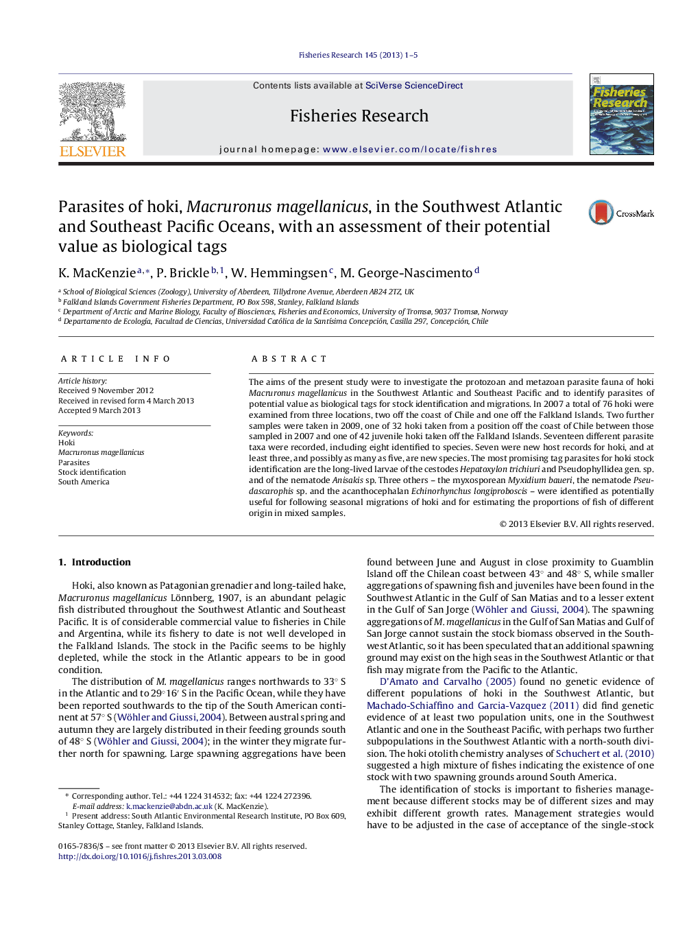 Parasites of hoki, Macruronus magellanicus, in the Southwest Atlantic and Southeast Pacific Oceans, with an assessment of their potential value as biological tags