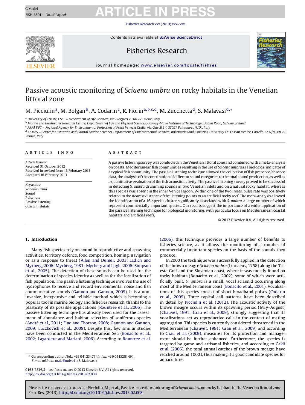 Passive acoustic monitoring of Sciaena umbra on rocky habitats in the Venetian littoral zone