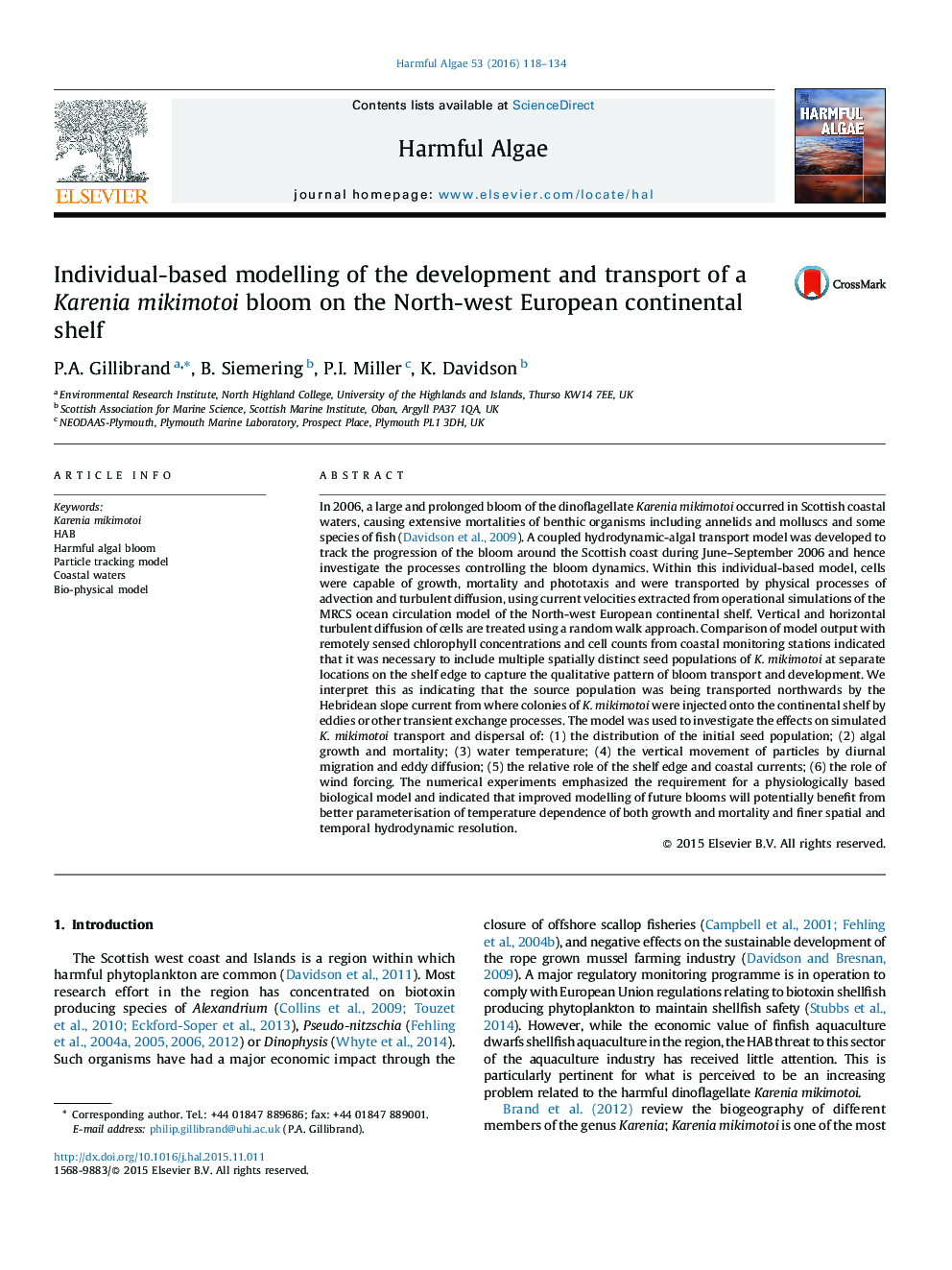 Individual-based modelling of the development and transport of a Karenia mikimotoi bloom on the North-west European continental shelf