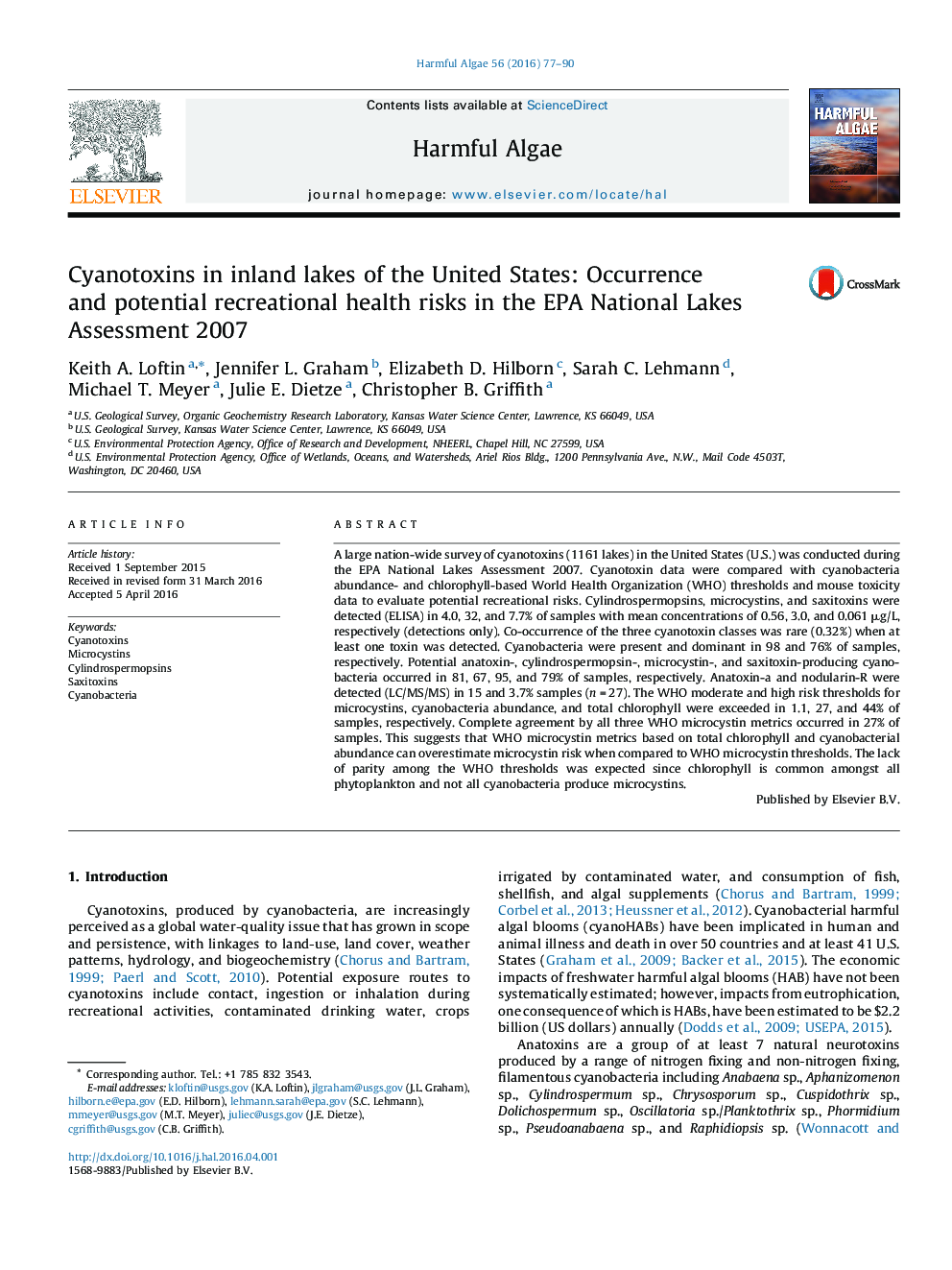 Cyanotoxins in inland lakes of the United States: Occurrence and potential recreational health risks in the EPA National Lakes Assessment 2007