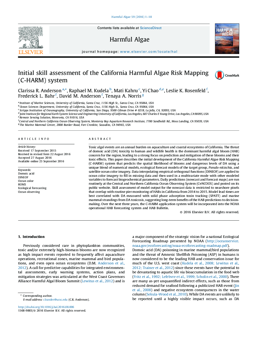 Initial skill assessment of the California Harmful Algae Risk Mapping (C-HARM) system