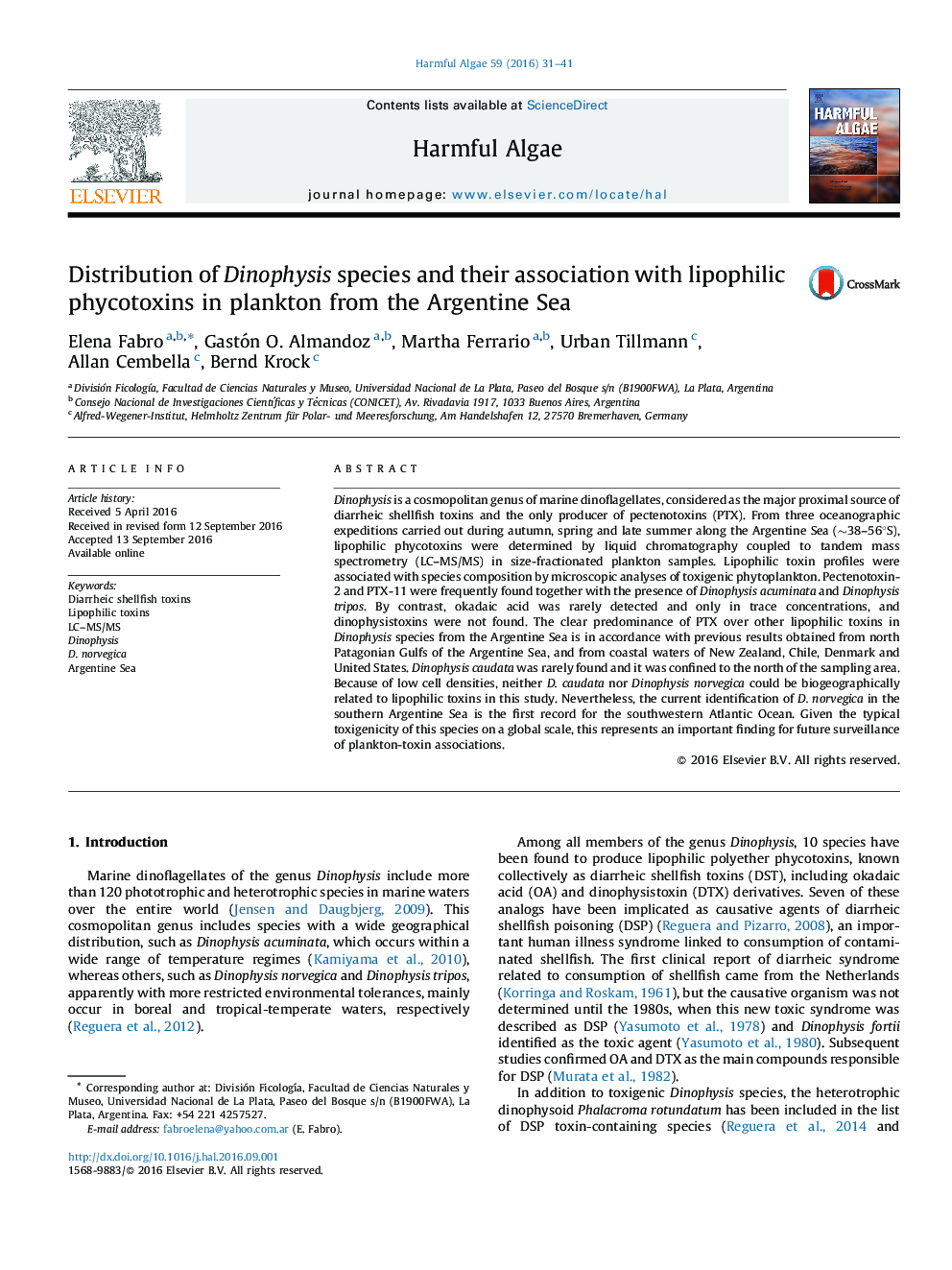 Distribution of Dinophysis species and their association with lipophilic phycotoxins in plankton from the Argentine Sea