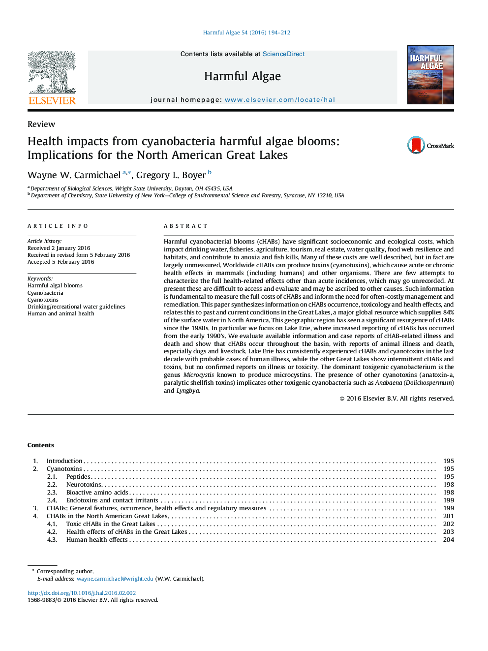 ReviewHealth impacts from cyanobacteria harmful algae blooms: Implications for the North American Great Lakes