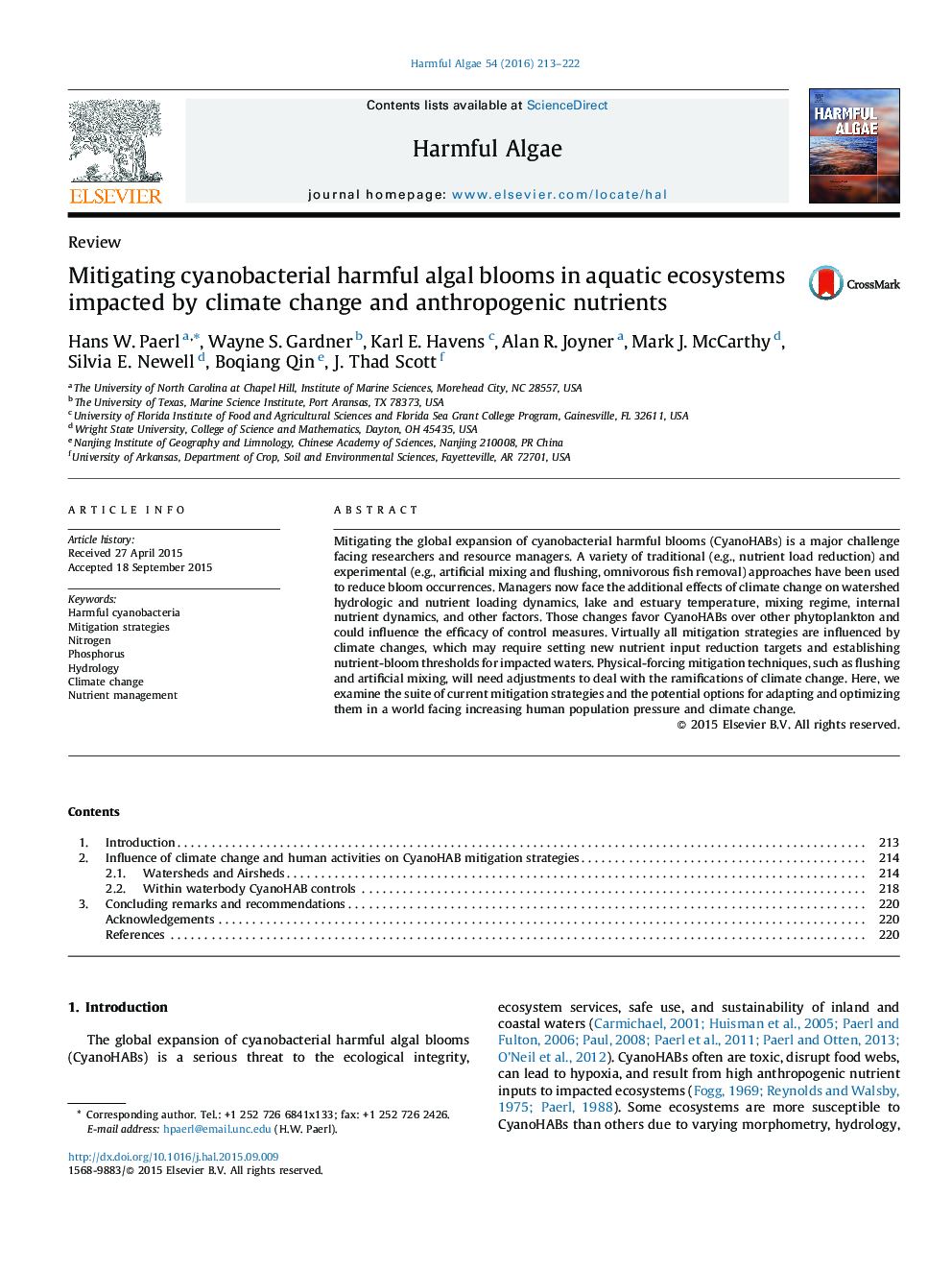 Mitigating cyanobacterial harmful algal blooms in aquatic ecosystems impacted by climate change and anthropogenic nutrients