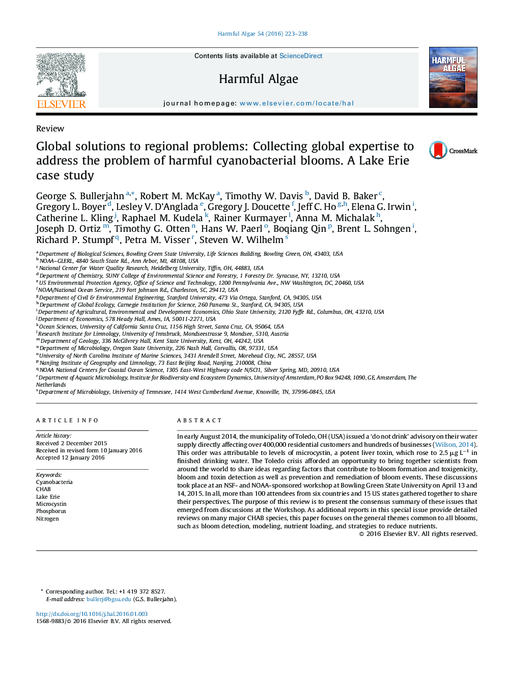 Global solutions to regional problems: Collecting global expertise to address the problem of harmful cyanobacterial blooms. A Lake Erie case study