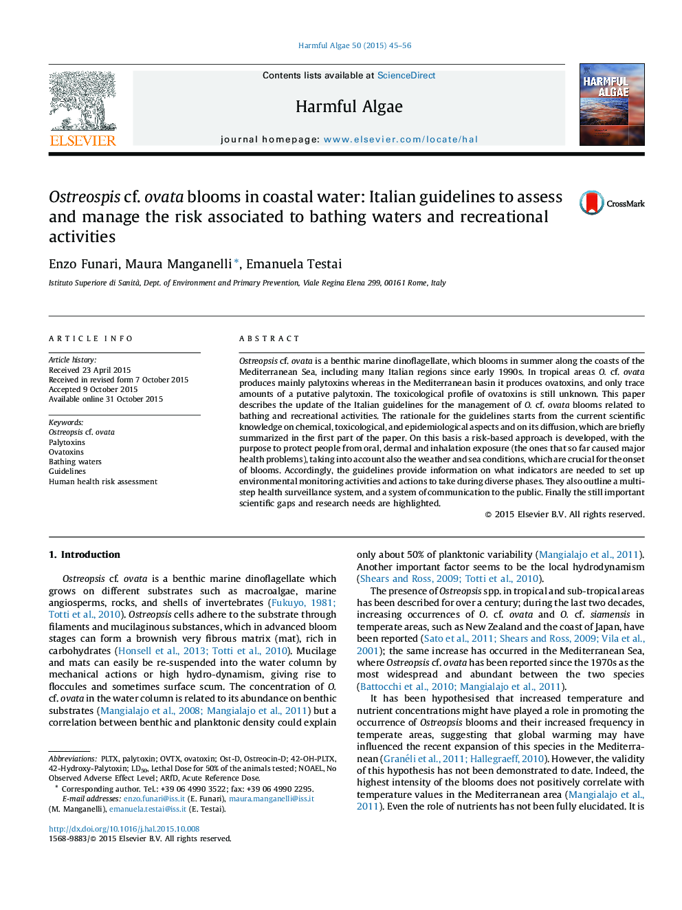 Ostreospis cf. ovata blooms in coastal water: Italian guidelines to assess and manage the risk associated to bathing waters and recreational activities