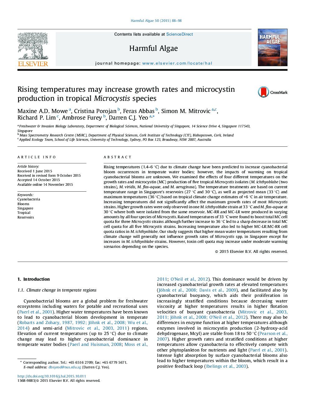 Rising temperatures may increase growth rates and microcystin production in tropical Microcystis species