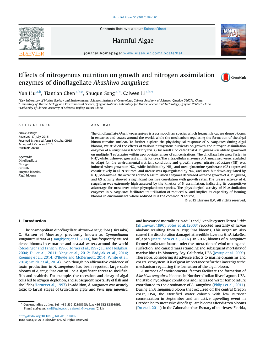 Effects of nitrogenous nutrition on growth and nitrogen assimilation enzymes of dinoflagellate Akashiwo sanguinea