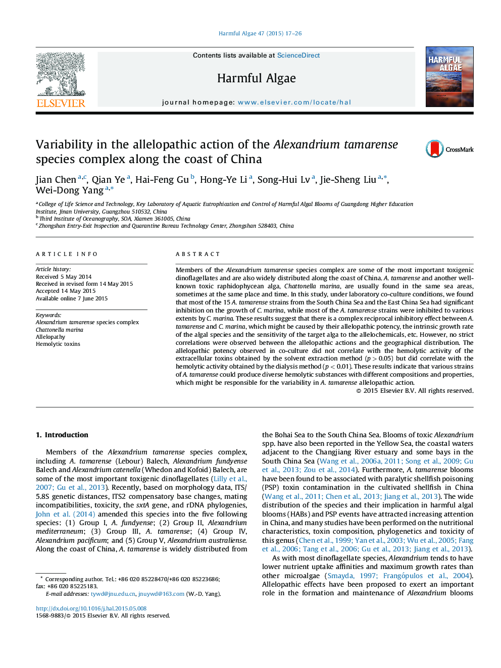 Variability in the allelopathic action of the Alexandrium tamarense species complex along the coast of China