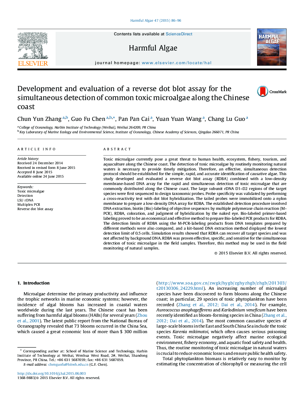 Development and evaluation of a reverse dot blot assay for the simultaneous detection of common toxic microalgae along the Chinese coast