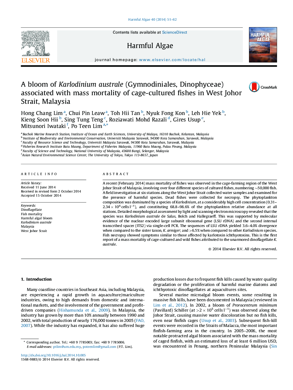 A bloom of Karlodinium australe (Gymnodiniales, Dinophyceae) associated with mass mortality of cage-cultured fishes in West Johor Strait, Malaysia