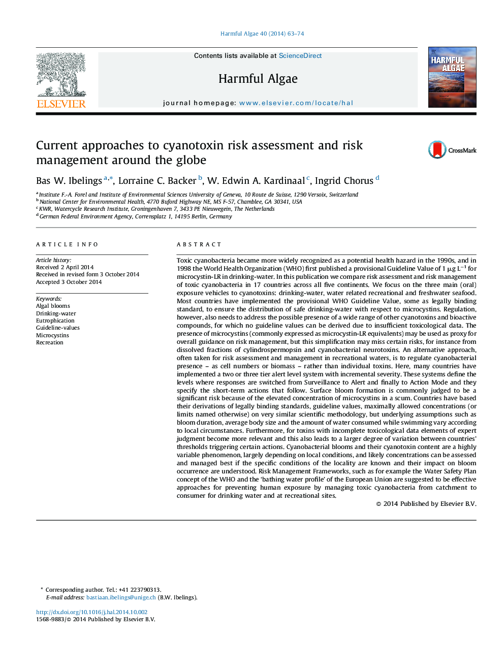 Current approaches to cyanotoxin risk assessment and risk management around the globe