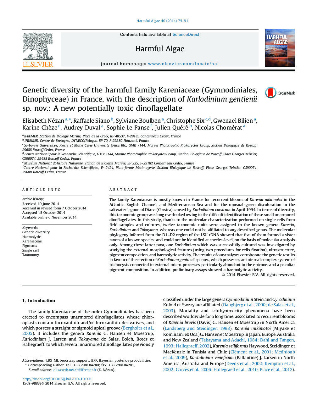 Genetic diversity of the harmful family Kareniaceae (Gymnodiniales, Dinophyceae) in France, with the description of Karlodinium gentienii sp. nov.: A new potentially toxic dinoflagellate