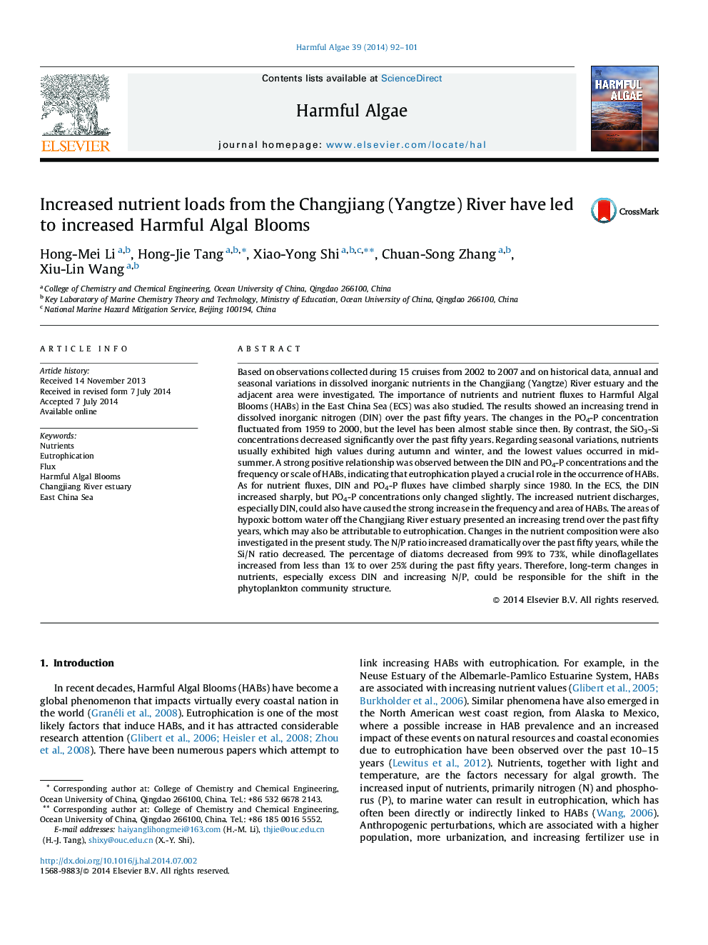 Increased nutrient loads from the Changjiang (Yangtze) River have led to increased Harmful Algal Blooms