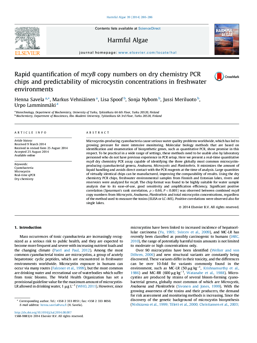 Rapid quantification of mcyB copy numbers on dry chemistry PCR chips and predictability of microcystin concentrations in freshwater environments