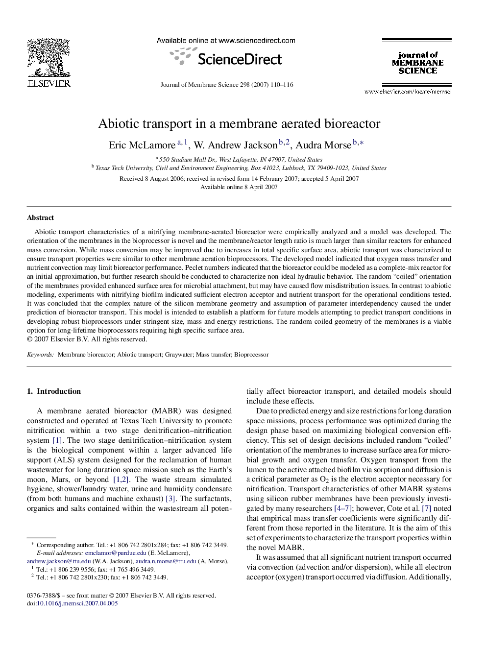 Abiotic transport in a membrane aerated bioreactor