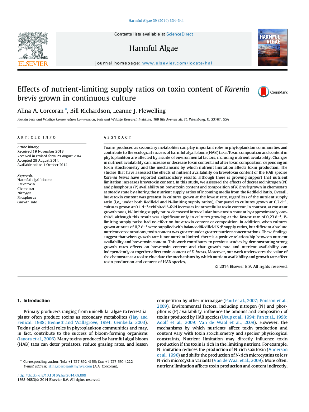 Effects of nutrient-limiting supply ratios on toxin content of Karenia brevis grown in continuous culture