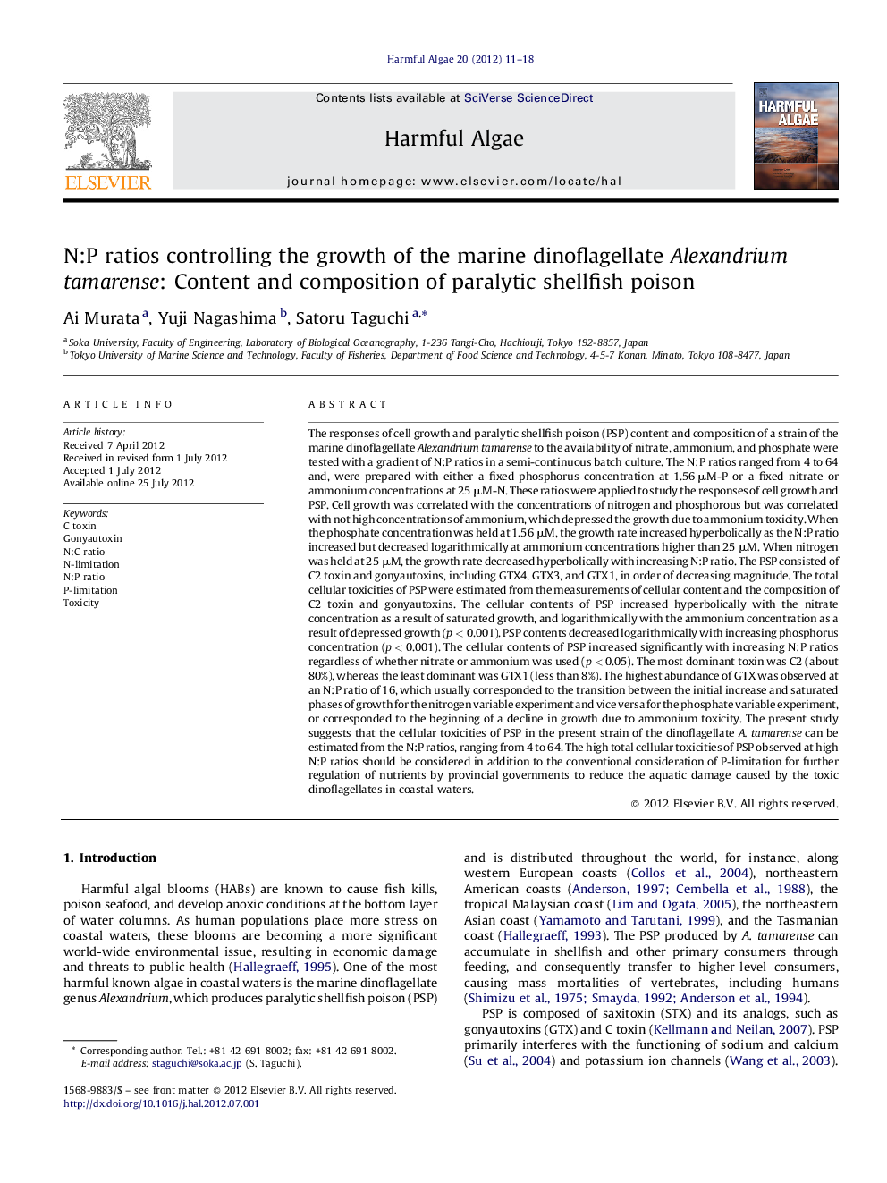 N:P ratios controlling the growth of the marine dinoflagellate Alexandrium tamarense: Content and composition of paralytic shellfish poison