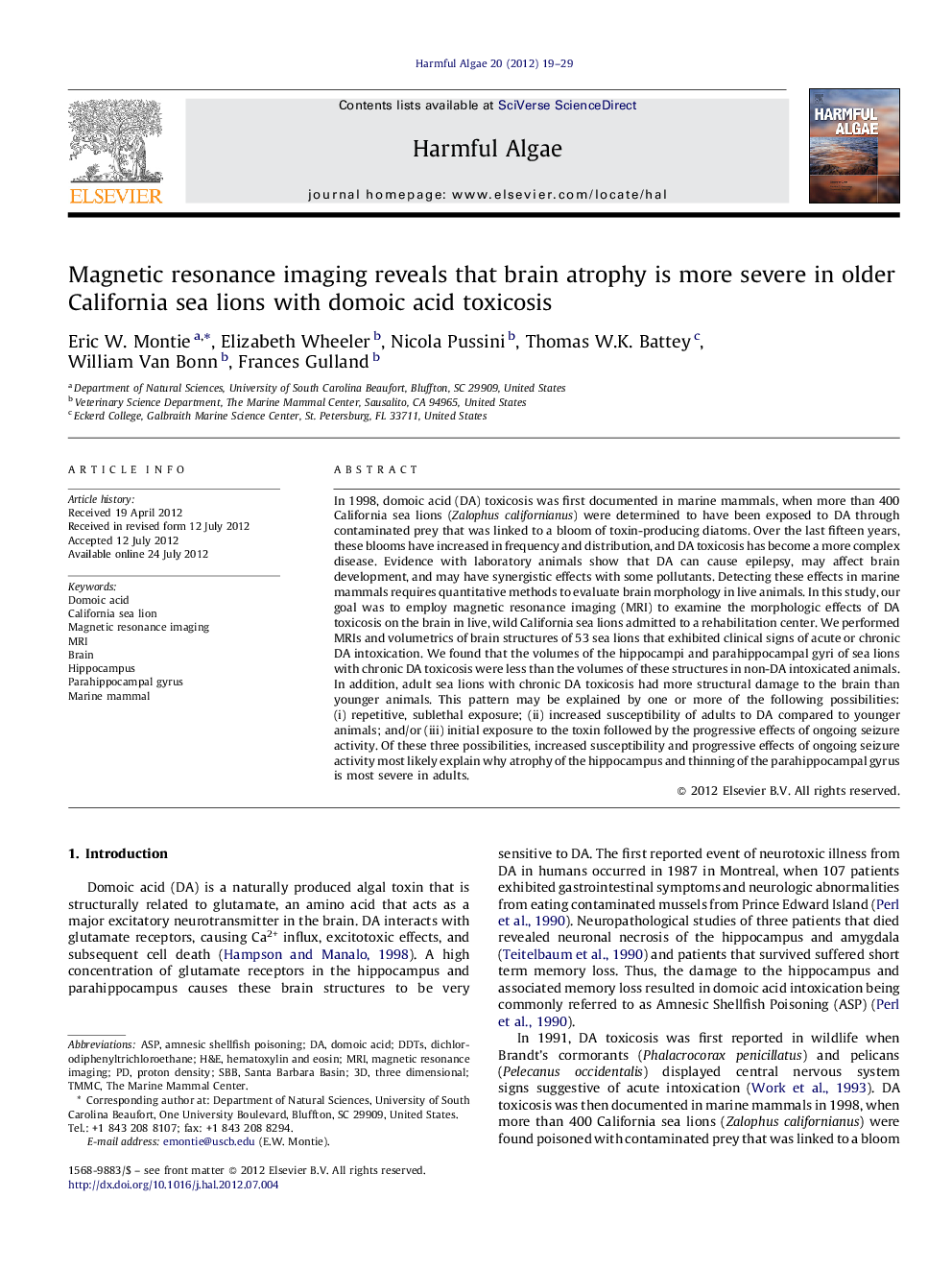 Magnetic resonance imaging reveals that brain atrophy is more severe in older California sea lions with domoic acid toxicosis