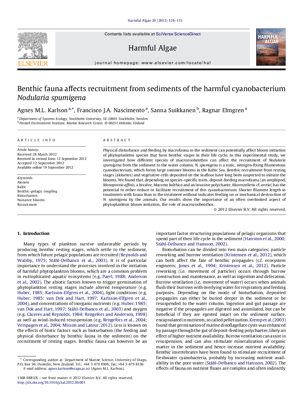 Benthic fauna affects recruitment from sediments of the harmful cyanobacterium Nodularia spumigena