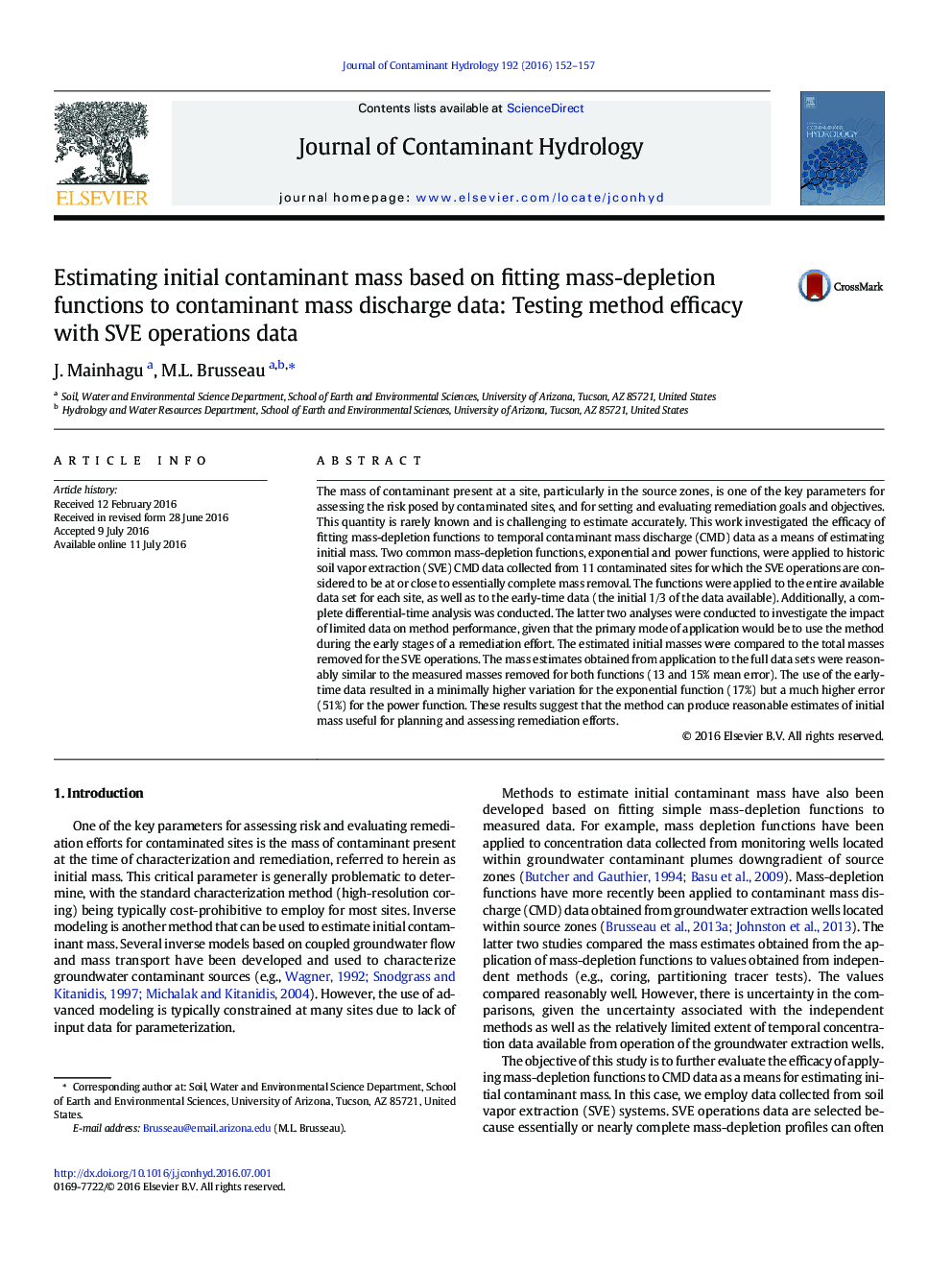 Estimating initial contaminant mass based on fitting mass-depletion functions to contaminant mass discharge data: Testing method efficacy with SVE operations data