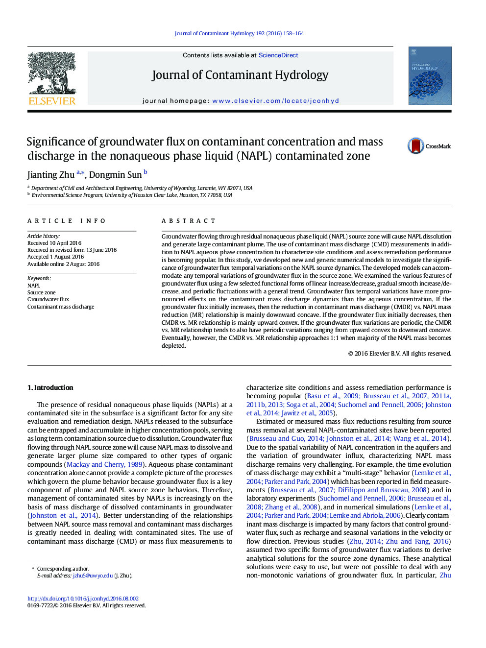 Significance of groundwater flux on contaminant concentration and mass discharge in the nonaqueous phase liquid (NAPL) contaminated zone