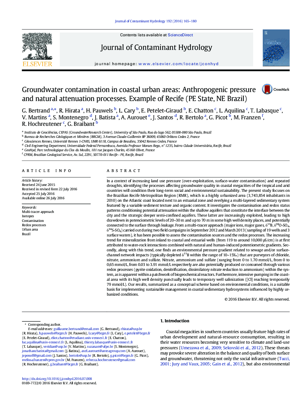 Groundwater contamination in coastal urban areas: Anthropogenic pressure and natural attenuation processes. Example of Recife (PE State, NE Brazil)