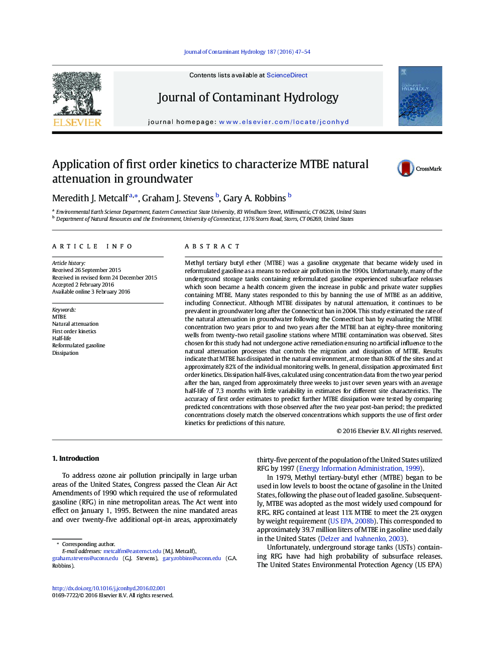 عکس صفحه اول مقاله: Application of first order kinetics to characterize MTBE natural attenuation in groundwater Application of first order kinetics to characterize MTBE natural attenuation in groundwater
