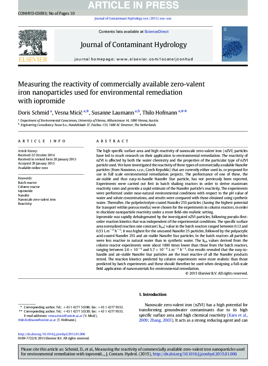 Measuring the reactivity of commercially available zero-valent iron nanoparticles used for environmental remediation with iopromide