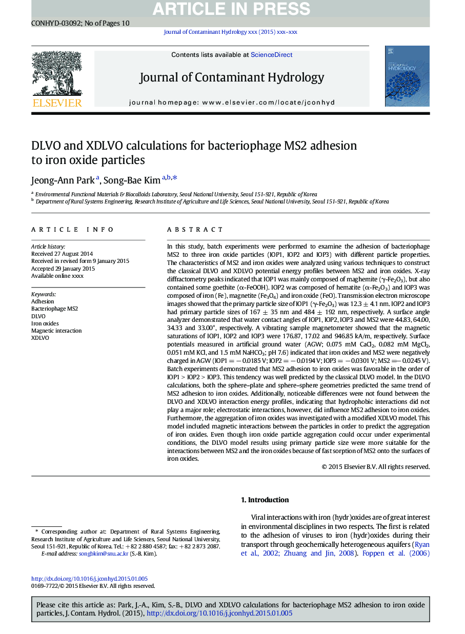 DLVO and XDLVO calculations for bacteriophage MS2 adhesion to iron oxide particles