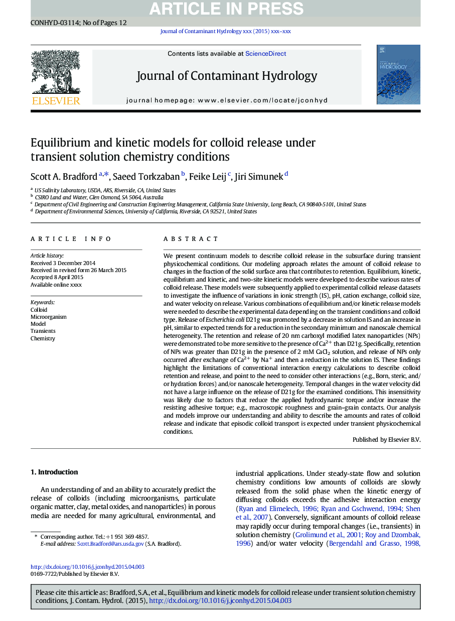 مدل های تعادل و جنبشی برای انتشار کلوئیدی در شرایط شیمیایی محلول گذرا 
