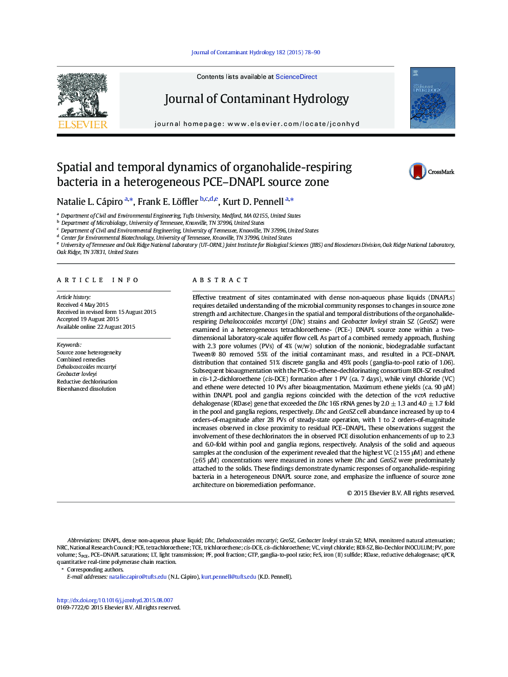 Spatial and temporal dynamics of organohalide-respiring bacteria in a heterogeneous PCE-DNAPL source zone