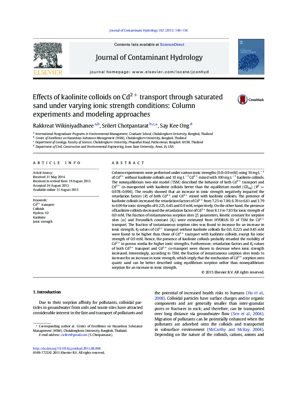 Effects of kaolinite colloids on Cd2Â + transport through saturated sand under varying ionic strength conditions: Column experiments and modeling approaches