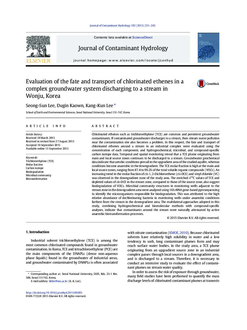 Evaluation of the fate and transport of chlorinated ethenes in a complex groundwater system discharging to a stream in Wonju, Korea